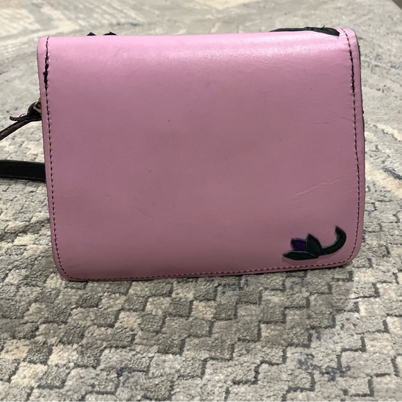Embroidered Leather Crossbody Purse Adjustable Strap Pink & Purple Flowers Boho - Picture 8 of 12
